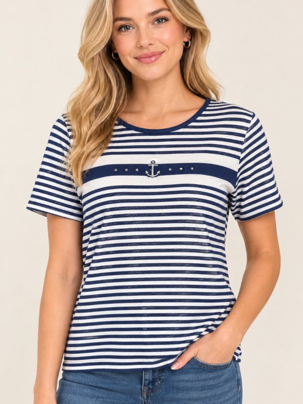 Cathy Daniels Navy & White Striped Anchor Tee - Size L - 100% Cotton